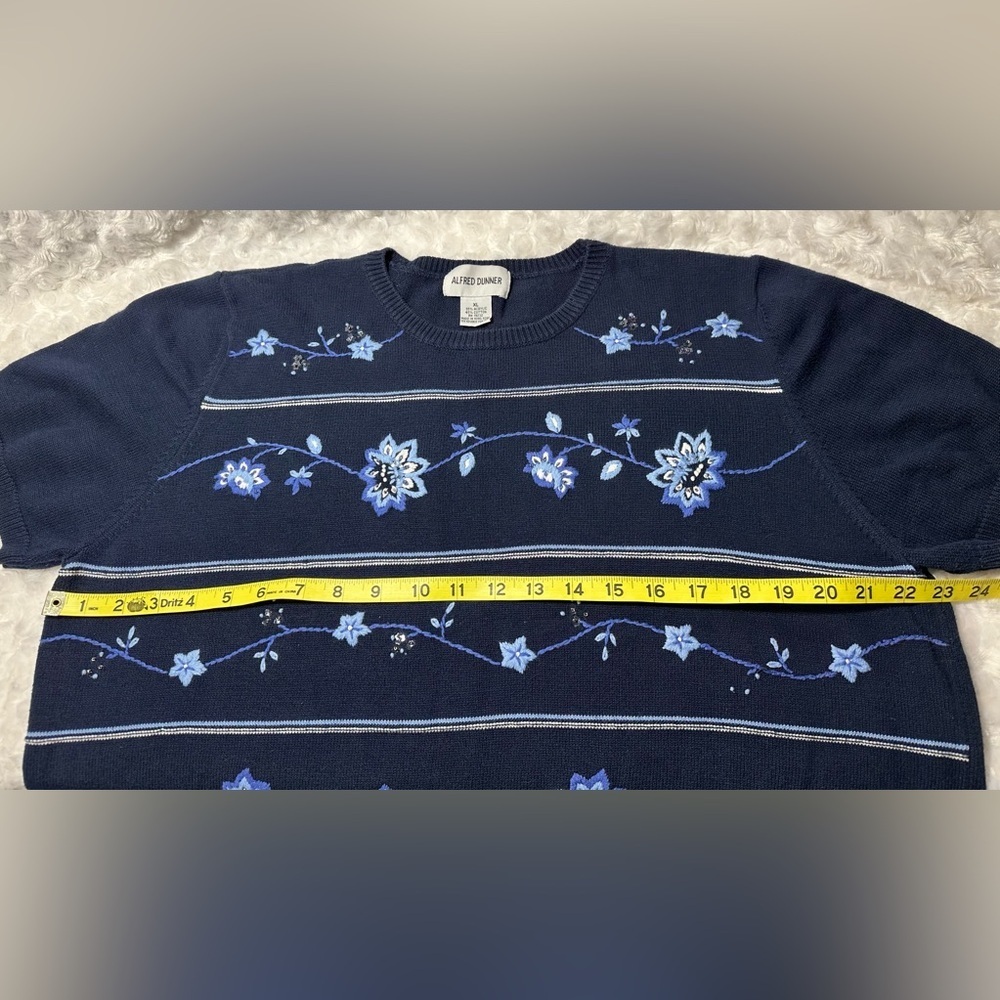 Alfred‎ Dunner Womens Embroidered Floral Blue Short Sleeve Pullover Sweater - Picture 8 of 11
